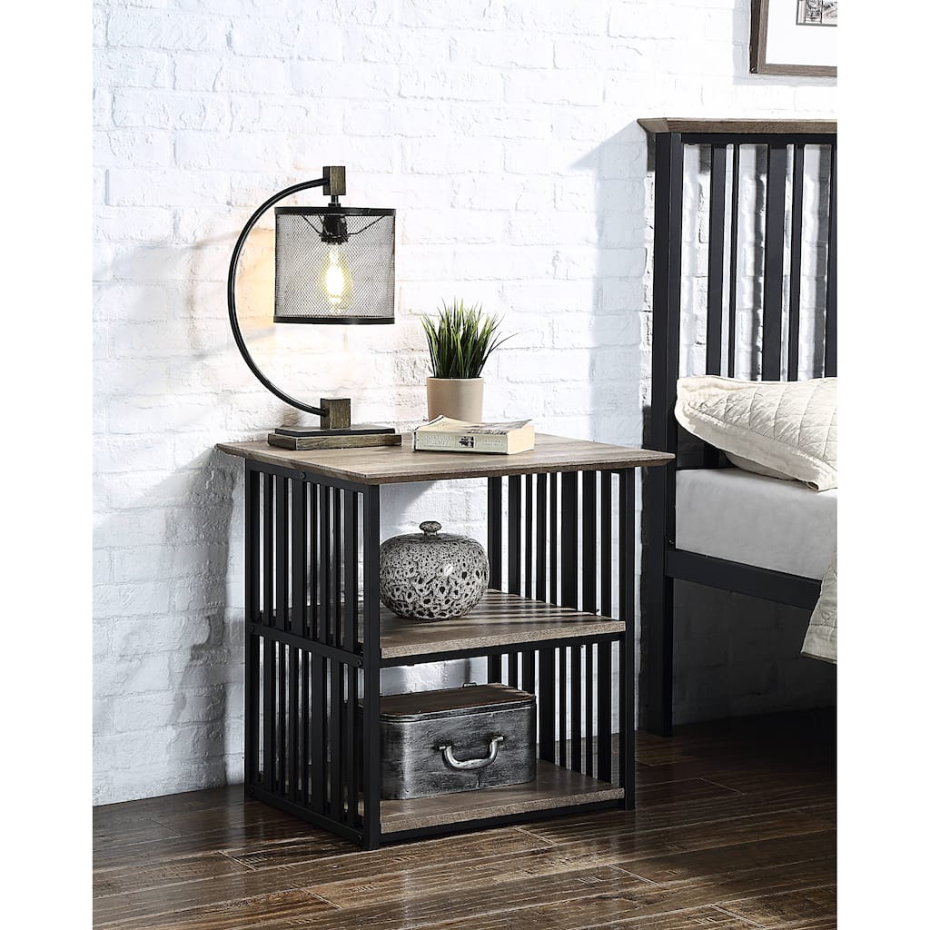 Antique Oak & Black Finish Industrial Nightstand with Open Compartments