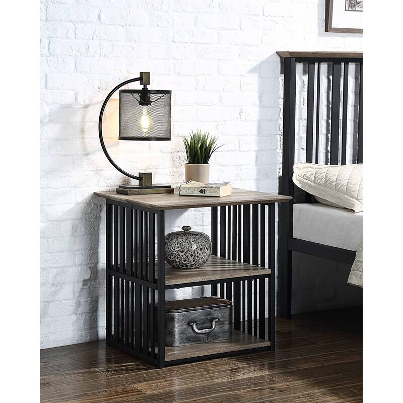 Antique Oak & Black Finish Industrial Nightstand with Open Compartments - Black,Oak