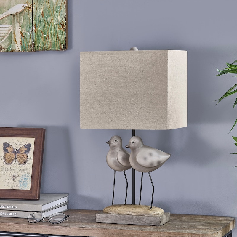 20"H Gray and Tan Resin Birds Table Lamp With Shade - 11" x 7" x 20"