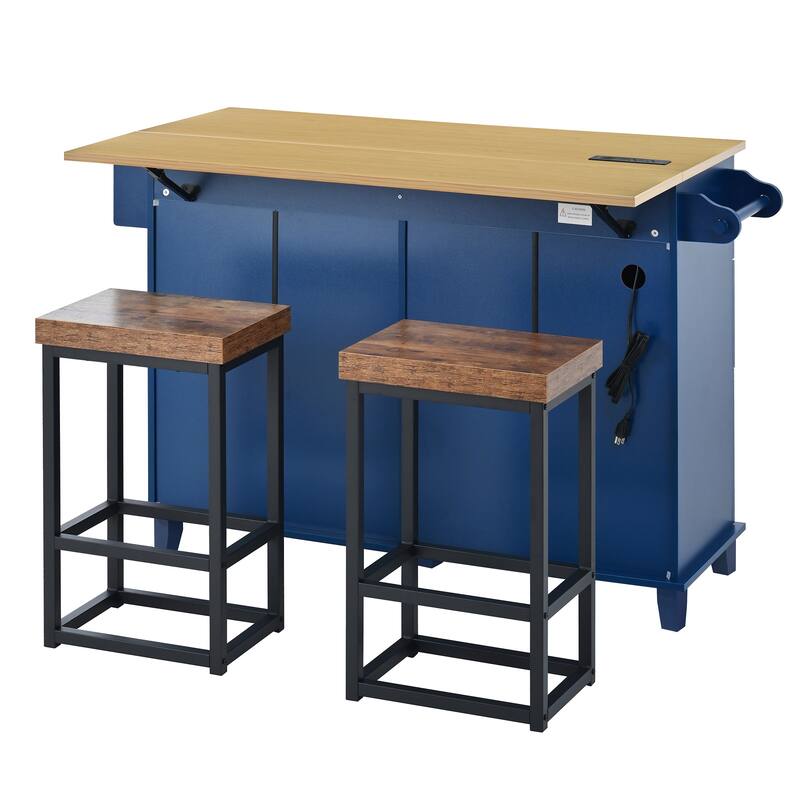 Roomfitters Farmhouse Kitchen Island Cart with Drop Leaf and 2 Stools, Power Outlet and Storage