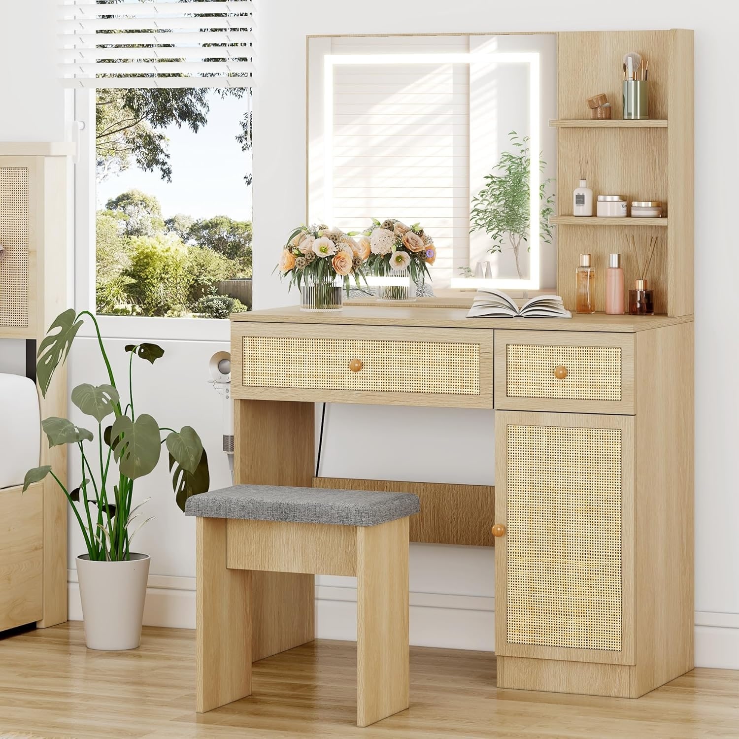 Modern Rattan Vanity Desk with LED Mirror, Charging Station, and Storage Drawers, Boho Dressing Table with 3 Lighting Modes