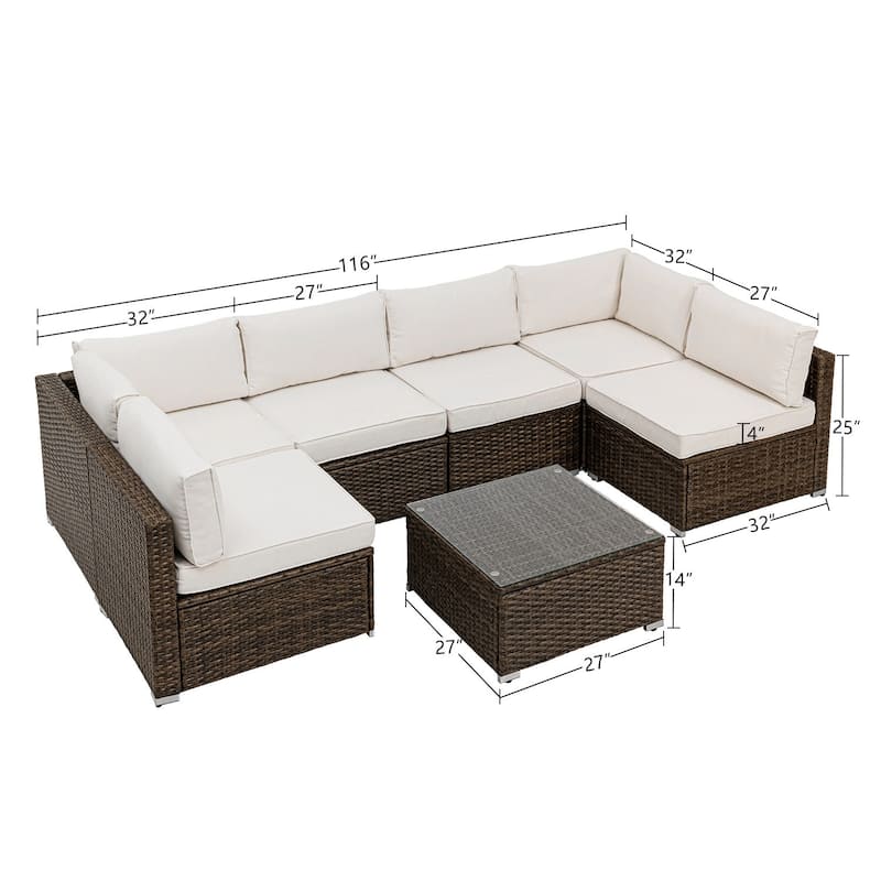 COSIEST 7-Piece Outdoor Patio Sectional Wicker Sofa With Coffee Table