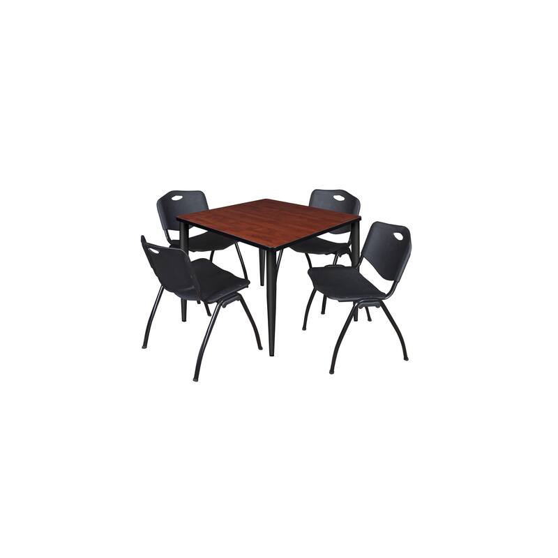 36 in. Square Breakroom Table- Cherry Top, Black Base & 4 M Stack Chairs- Black