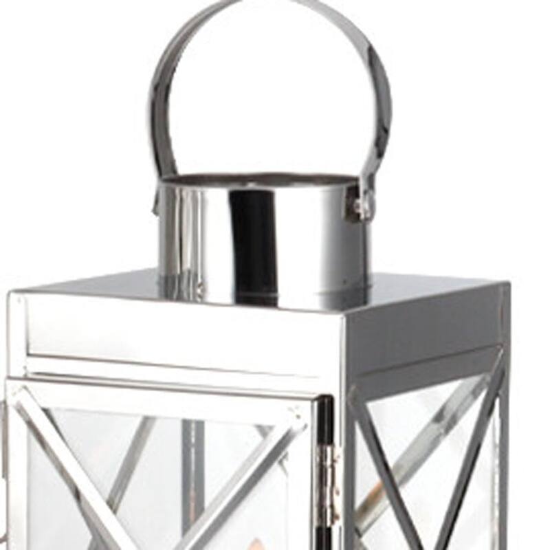 Set of Three Clear And Silver Glass And Stainless Steel Tabletop Lantern Candle Holders