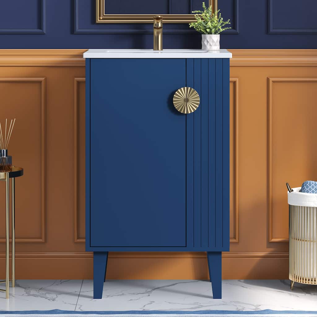 20-inch Bathroom Vanity with Ceramic Sink, Freestanding Single Vanity Set with Soft Closing Door, Chic Half-Moon Pulls