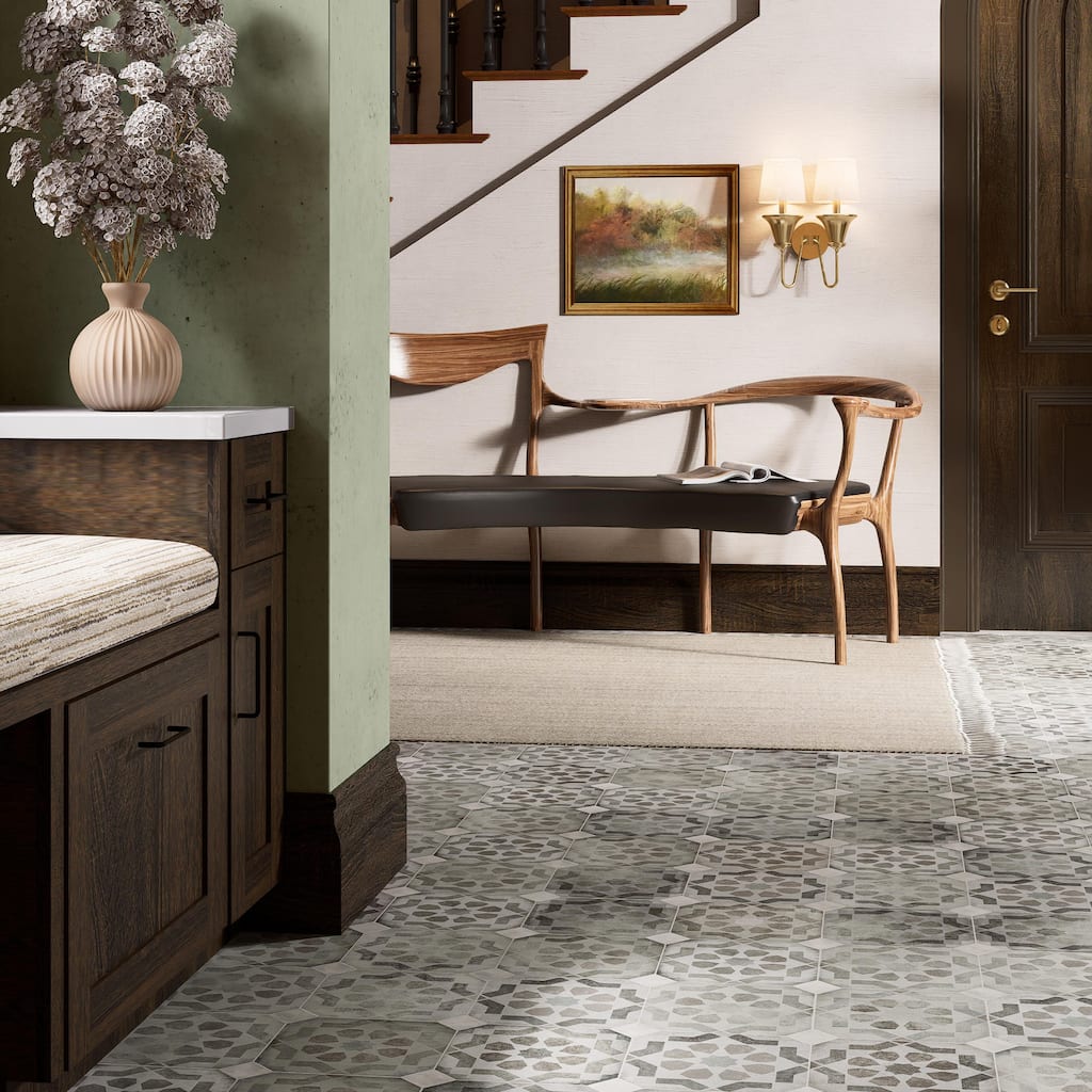 Merola Tile Laverton Octagon Deco Sombra 7-7/8" x 7-7/8" Porcelain Floor and Wall Tile