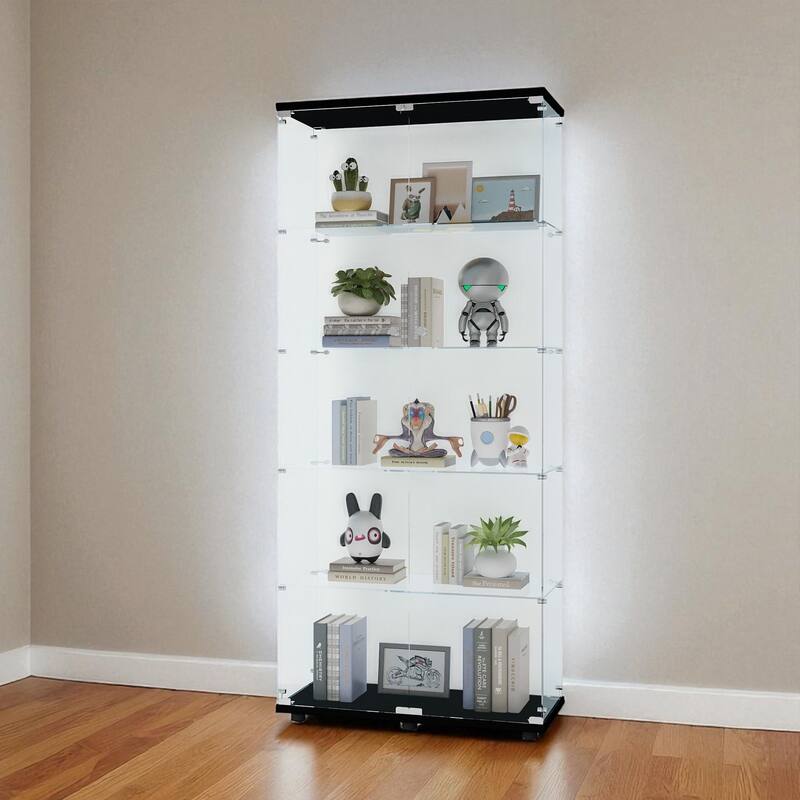 Glass Display Cabinet with Doors & Locks, Acrylic Shelves, Floor Standing Storage Showcase for Home or Office