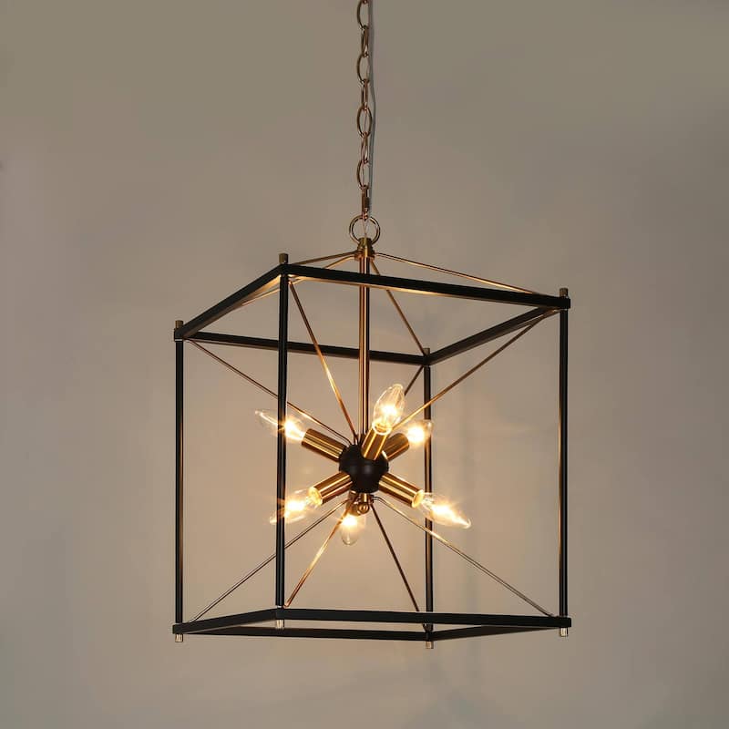 Leno 6-Light Black Gold Sputnik Sphere Chandelier Modern Cage Satellite Metal Pendant Lighting for Dining Room