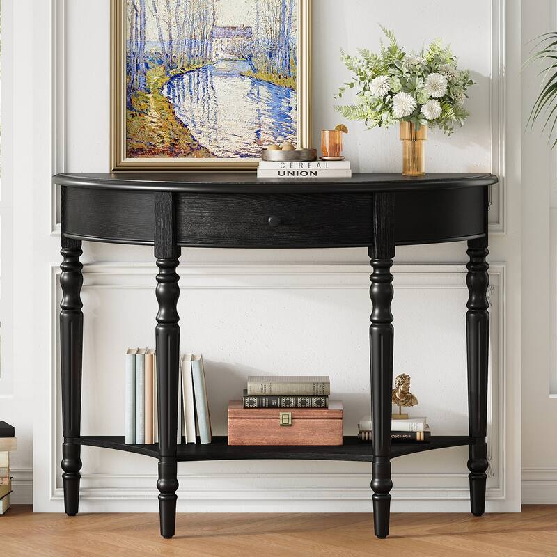 Farmhouse Half Moon Console Table with Drawer & Shelf - Rustic Accent Table