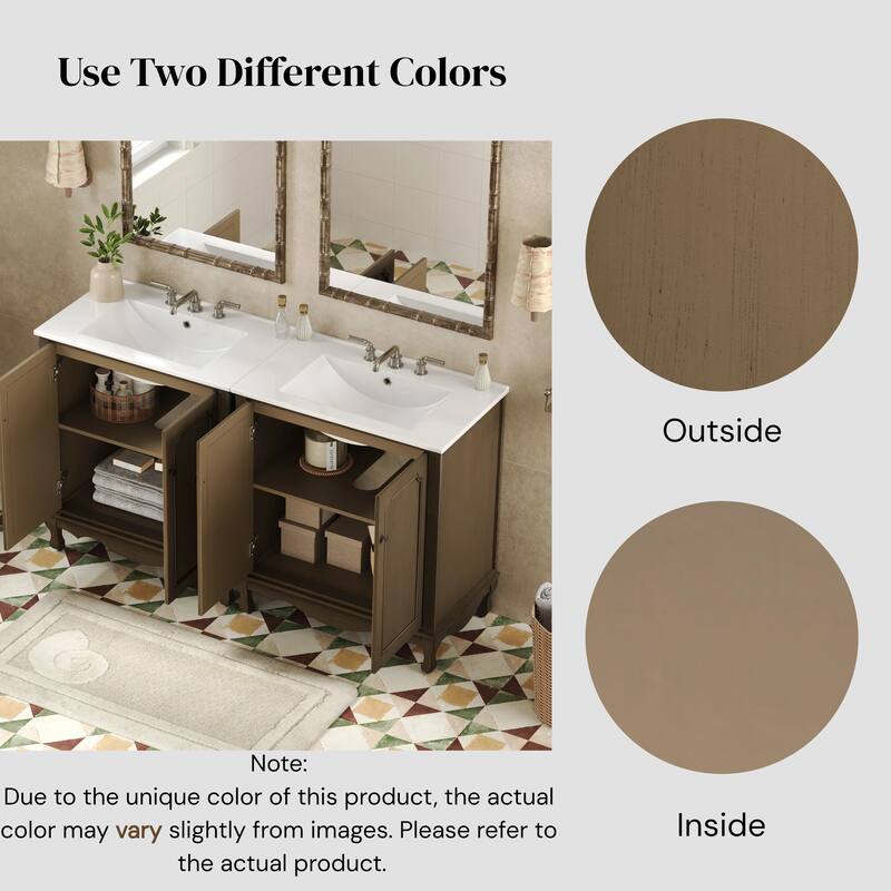 60" Double Sinks Bathroom Vanity Set, Vintage Bathroom Cabinet with Two Separate Ceramic Sink and Antique Knobs