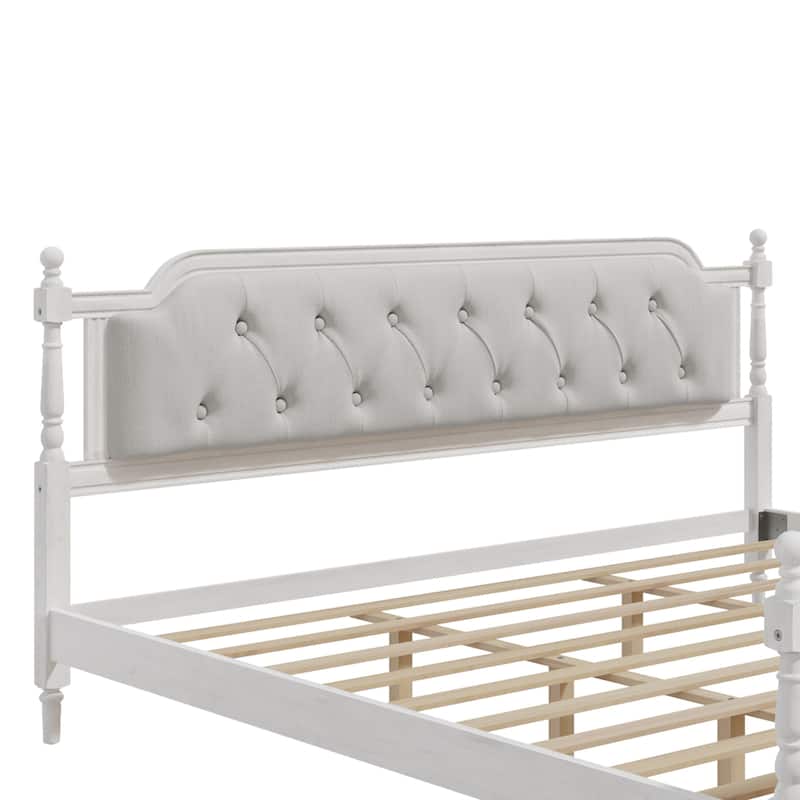 King Size Platform Bed with Tufted Headboard Solid Pine Wood Frame