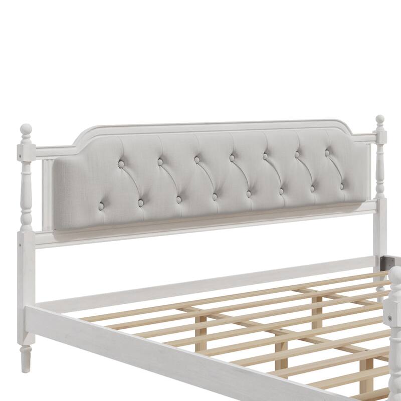 King Size Solid Wood Bed Frame with Tufted Headboard, No Box Spring Needed, Antique White