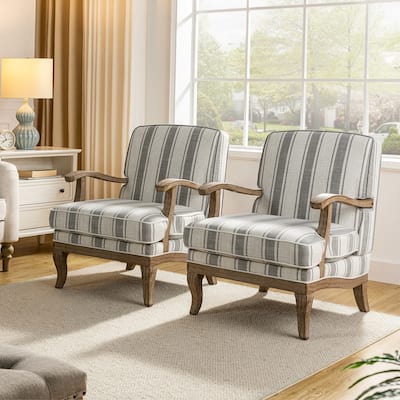 Rinaldo Farmhouse Striped Upholstered Armchair with Solid Wood Arm and Curved Feet Set of 2 by HULALA HOME