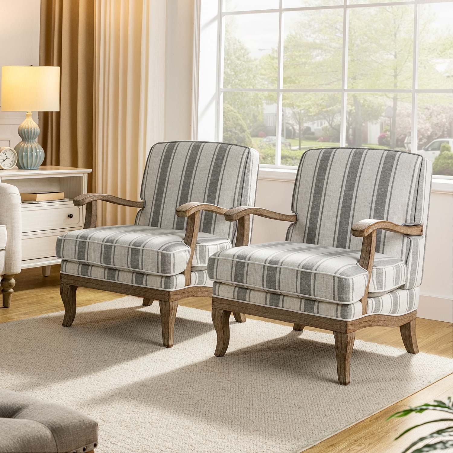 Rinaldo Farmhouse Stripe Polyester Armchair with Solid Wood Set of 2 by HULALA HOME