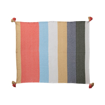 Woven Cotton Blend Throw with 8 Stripes and Tassels - Multi - 60.0"L x 50.0"W x 0.1"H