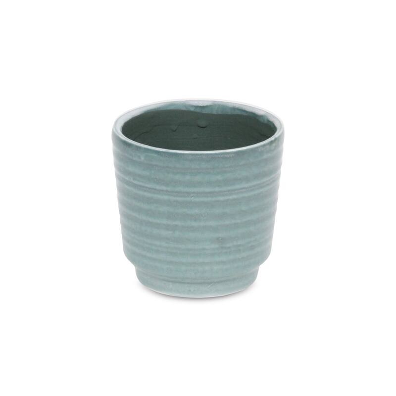 HomeRoots Green Ceramic 23 Ounce Striped Round Distressed Pot Planter - 4.50 in. x 4.25 in. x 4.50 in.