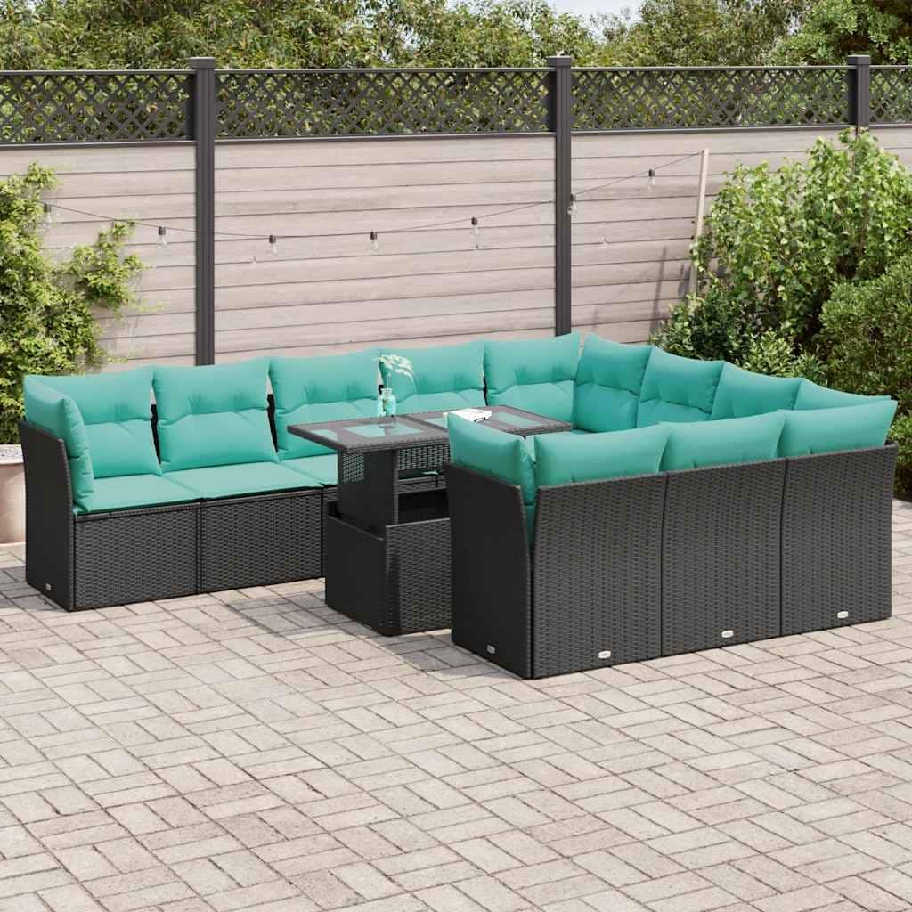 vidaXL 11 Piece Patio Sofa Set with Cushions Black Poly Rattan Acacia - 24.4 x 24.4 x 27.2