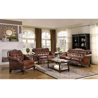 Victoria Brown Full Leather Upholstered Sofa Set