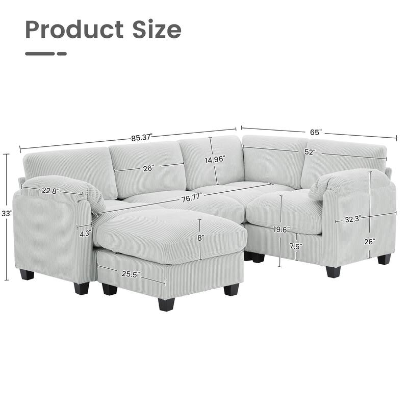 5-Seater Corduroy Sectional Sofa, Removable Ottoman, Modular Design