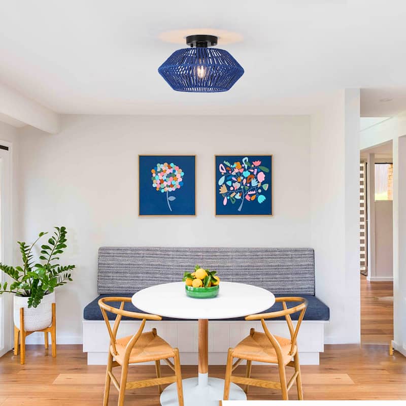1-Light Farmhouse Style Classic Semi Flush Mount Chandelier, Hand-Woven Semi-Flush Mount Ceiling Light with Drum Shade