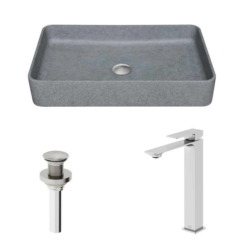 VIGO Tarragona 19"L x 14"W Concrete Vessel Sink and Dunn 11"H Faucet Set
