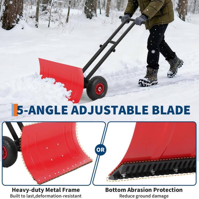 29.13x16.54 in Heavy Duty Rolling Snow Pusher Shovel for Driveway, Doorway, Sidewalk