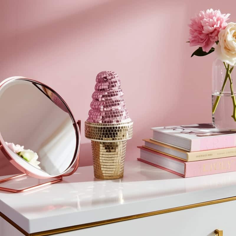 Glass Wood Figurine Mosaic Ice Cream Cone for Home Decor - 9" Pink - 4.25" x 4.25" x 9"