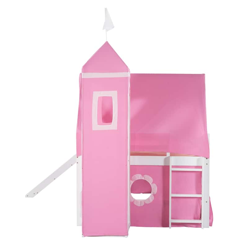 Full Loft Bed with Slide, Castle Tower, and Pink Tent - Perfect for Kids' Play & Sleep Space