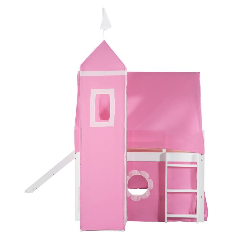 SpaceSaving House Bunk Bed with Slide Tent and Tower, Wood CastleLike
