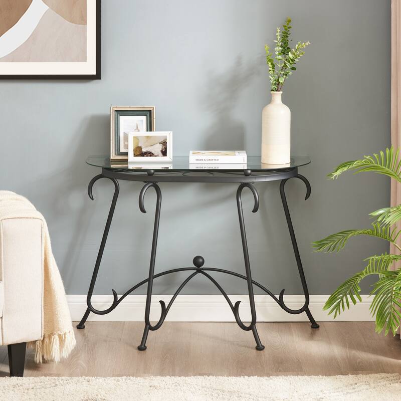 Tempered Glass Console Table with Metal Frame - Black