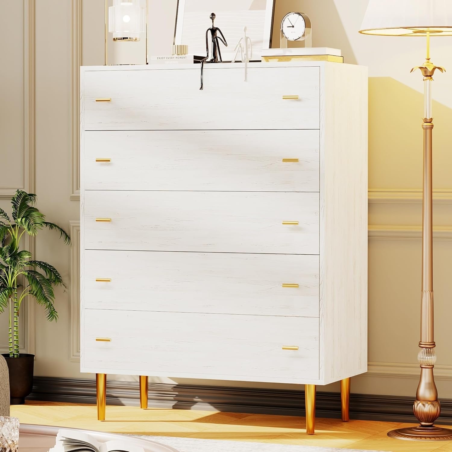 44 Inch Tall 5 Drawer Farmhouse Dresser, Rustic White Chest with Bar Handles, Large Storage, Bedroom, Living Room