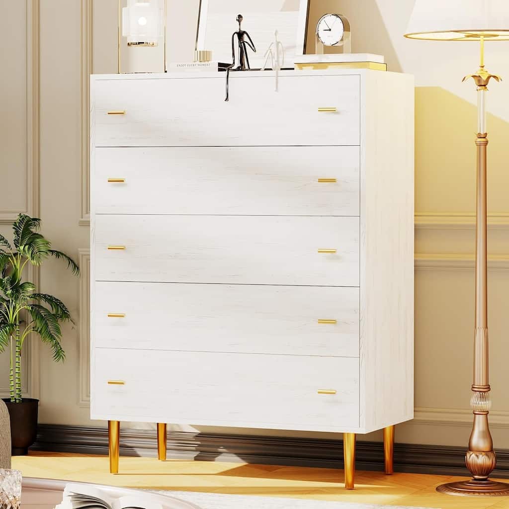 Farmhouse 5 Drawer Dresser, 44" Tall White Wood Chest with Bar Handles and Rustic Texture for Bedroom, Living Room