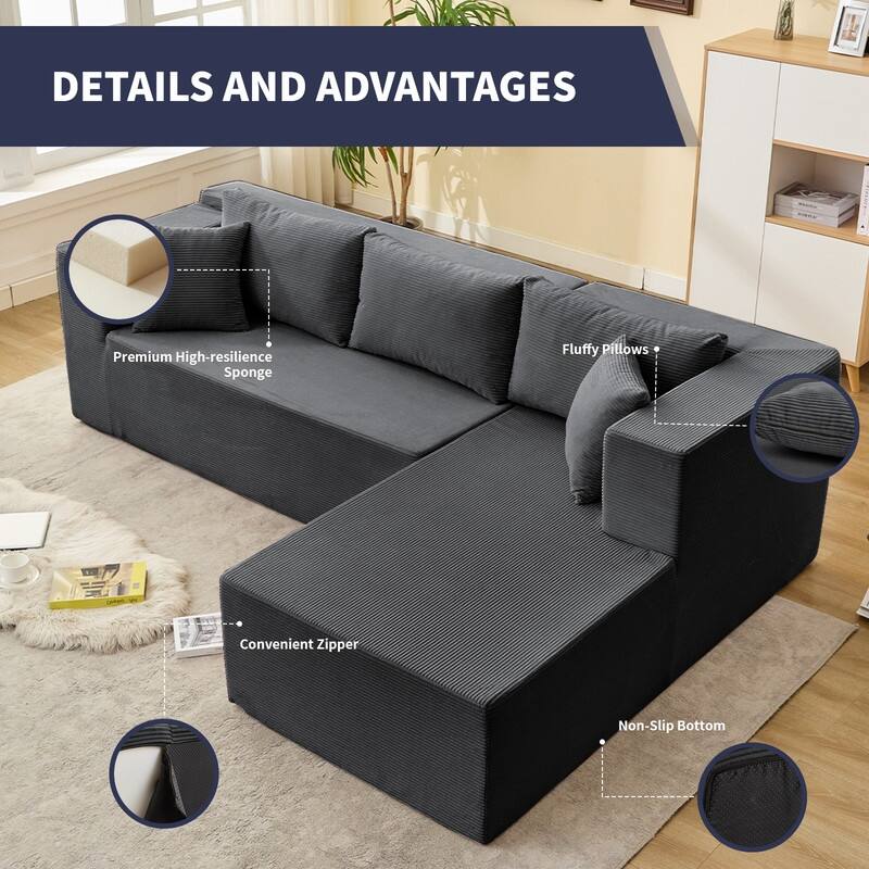 Mixoy W106'' Modern 2-Piece Free Combination Corduroy Upholstered L-Shaped Modular Sectional Sofa with Right Chaise and Pillow