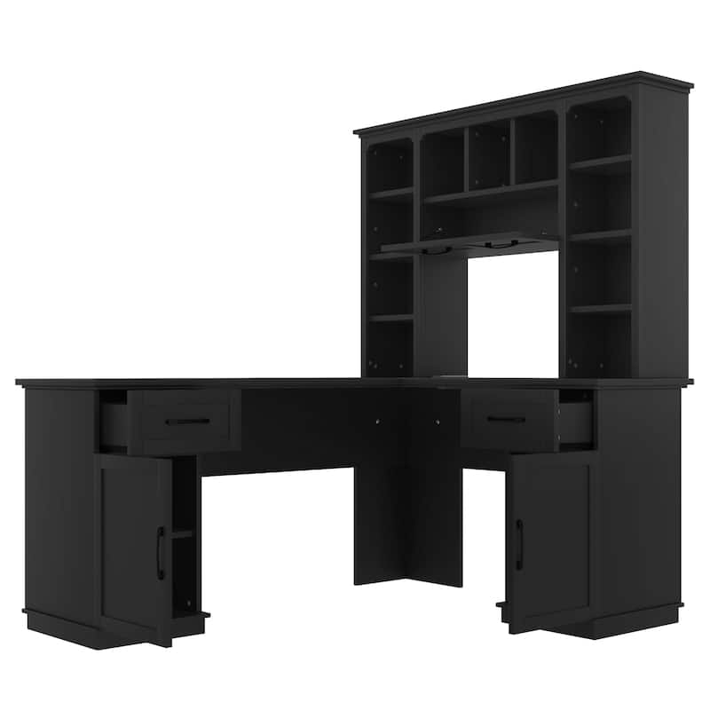 L-Shaped Computer Desk with 2 Cabinets, 2 Drawers, 11 Open Shelves and a Flip-Up Shelf with Storage on the Right Side