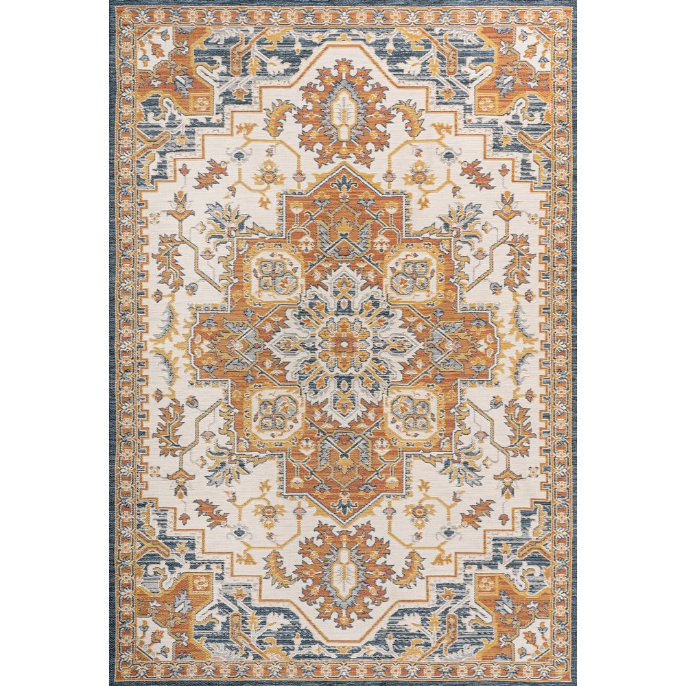 JONATHAN Y Reversible Danae Traditional Vintage Medallion Machine-Washable Terra/Blue/Cream Indoor/Outdoor Rug