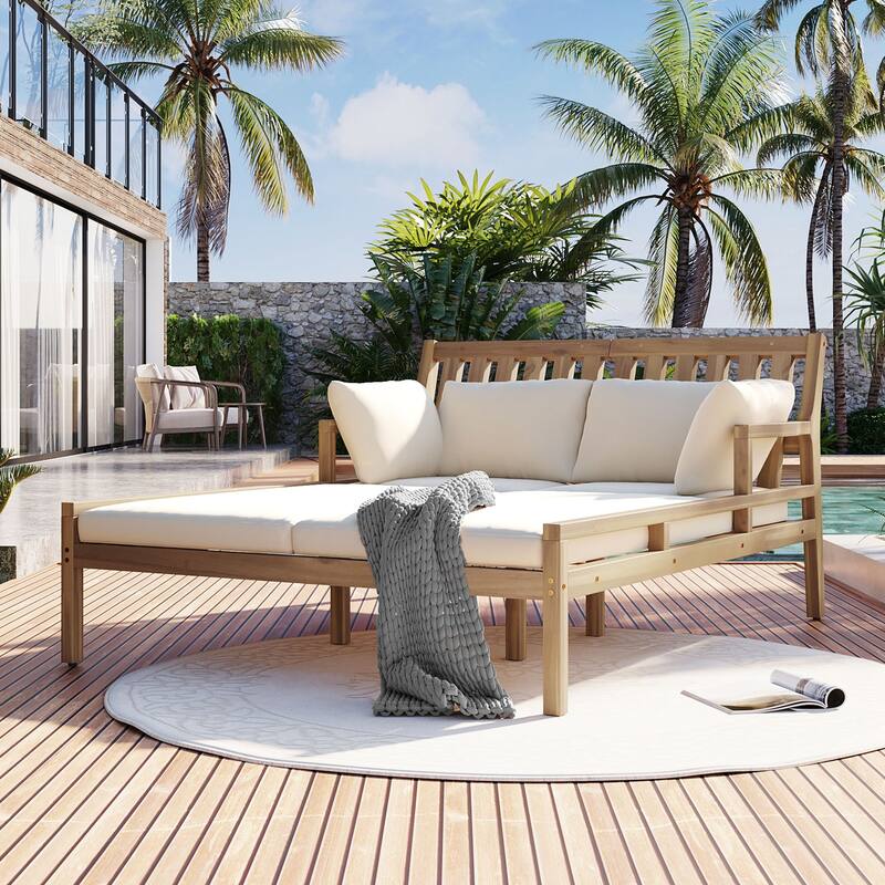 Outdoor Daybed, Patio Daybed with Four Pillows, Wooden Outdoor Bed with Curved Armrests for Poolside, Backyard, Garden - Natural+Beige