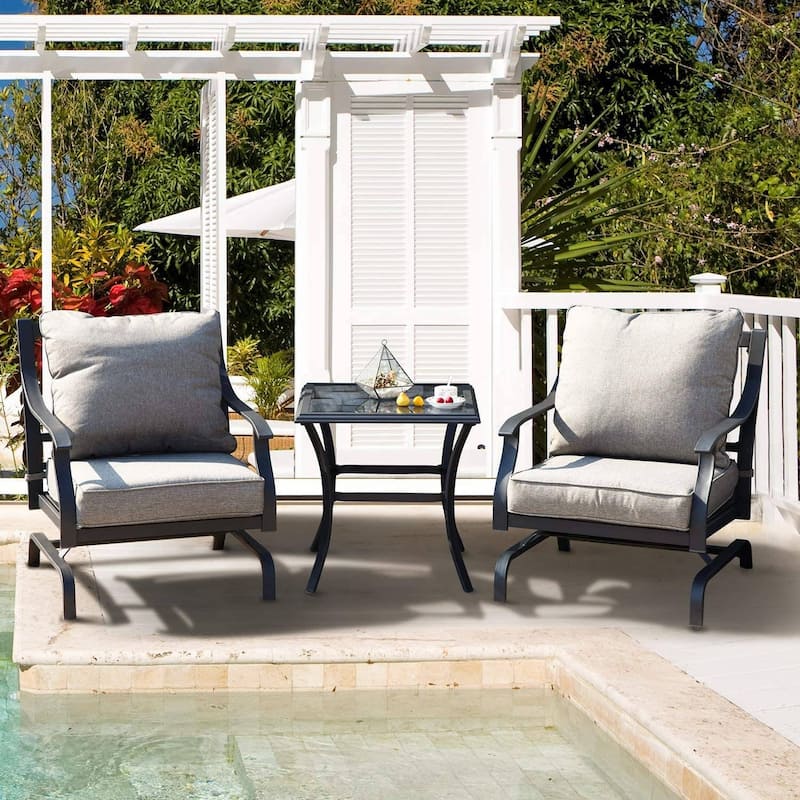 Grand Patio Black 3-Piece Metal Outdoor Bistro Sets With Gray Cushions and Glass Coffee Table - Black