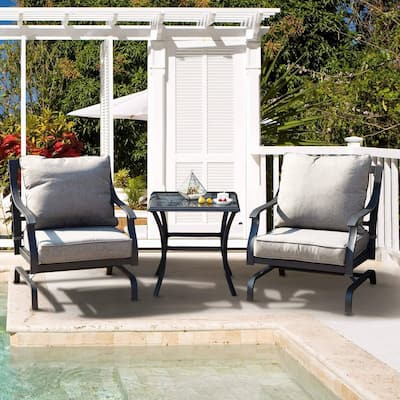 Grand Patio Black 3-Piece Metal Outdoor Bistro Sets With Gray Cushions and Glass Coffee Table