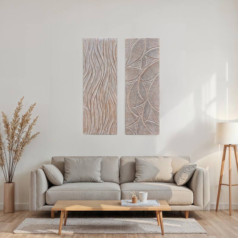 2pc Wood Wall Art Panels | 16x48 Inch Abstract Geometric and Wave Pattern Decor| Distressed Gray
