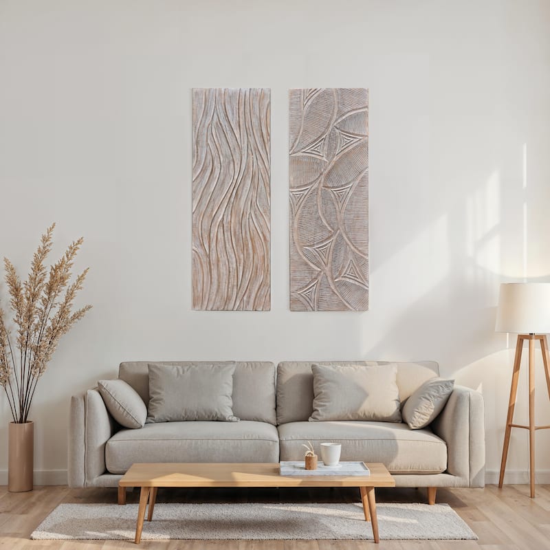 2pc Wood Wall Art Panels | 16x48 Inch Abstract Geometric and Wave Pattern Decor| Distressed Gray - Distressed Gray