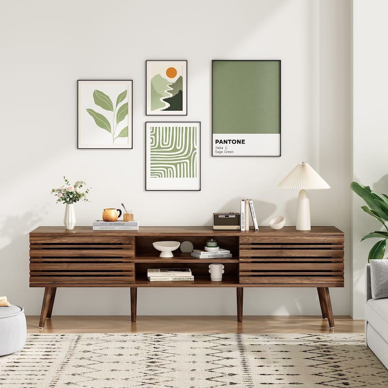 Mid Century Modern TV Stands for up to 70" TV with Storage, Fluted Wood TV Stand for Living Room, Boho Media Console