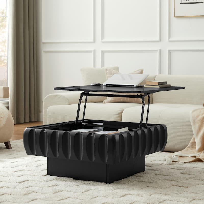 Square Lift-Top Coffee Table with Solid Wood Frame and Hidden Storage