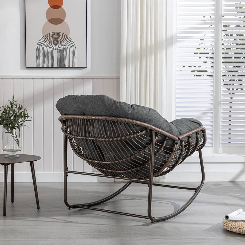 Outdoor Rattan Rocker Recliner Chair with Padded Cushion