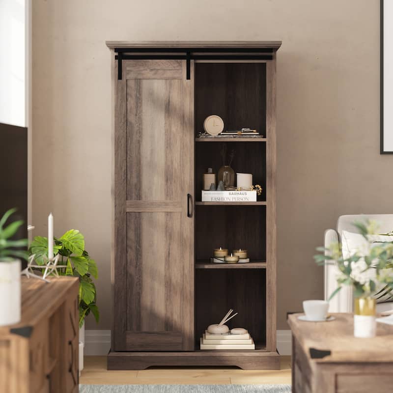 Farmhouse Storage Cabinet with Adjustable Shelves and Sliding Barn Door - 16.75"D x 36.25"W x 68"H