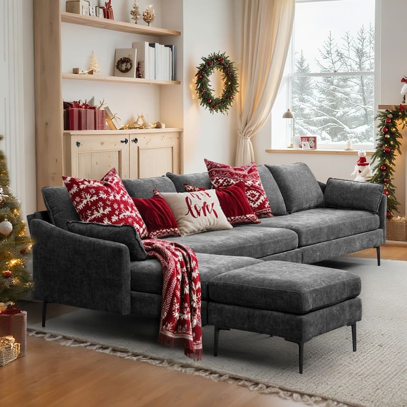 Modern Chenille Sectional Sofa with Reversible Chaise and Ottoman, Perfect for Living Rooms with Sleeper Function