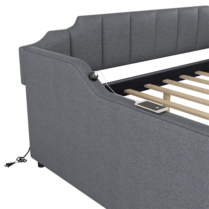 Full Size Upholstery Daybed with Trundle and USB Charging Design-Grey