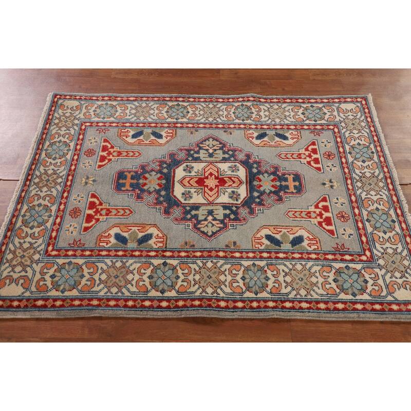 Kazak Oriental Accent Rug Handmade Gray Geometric Wool Carpet - 3'7"x 4'10"