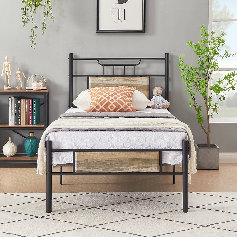 VECELO Industrial Bed Frame with Wood Headboard,Twin/Full/Queen Size Bed, Black/Brown/Slate-3 colors