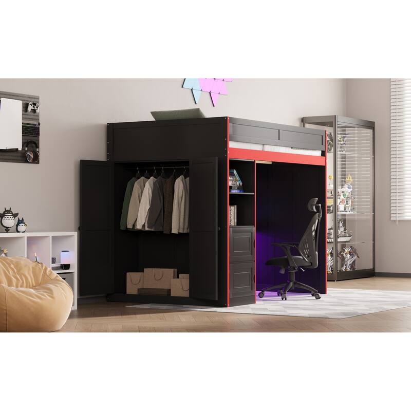 Roomfitters Twin/Full Gaming Loft Bed with Desk, Storage Locker and LED Lights, Black