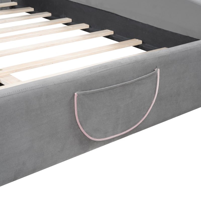 Velvet Platform Bed with Bear-Shaped Headboard,with Bed-End Storage Pocket